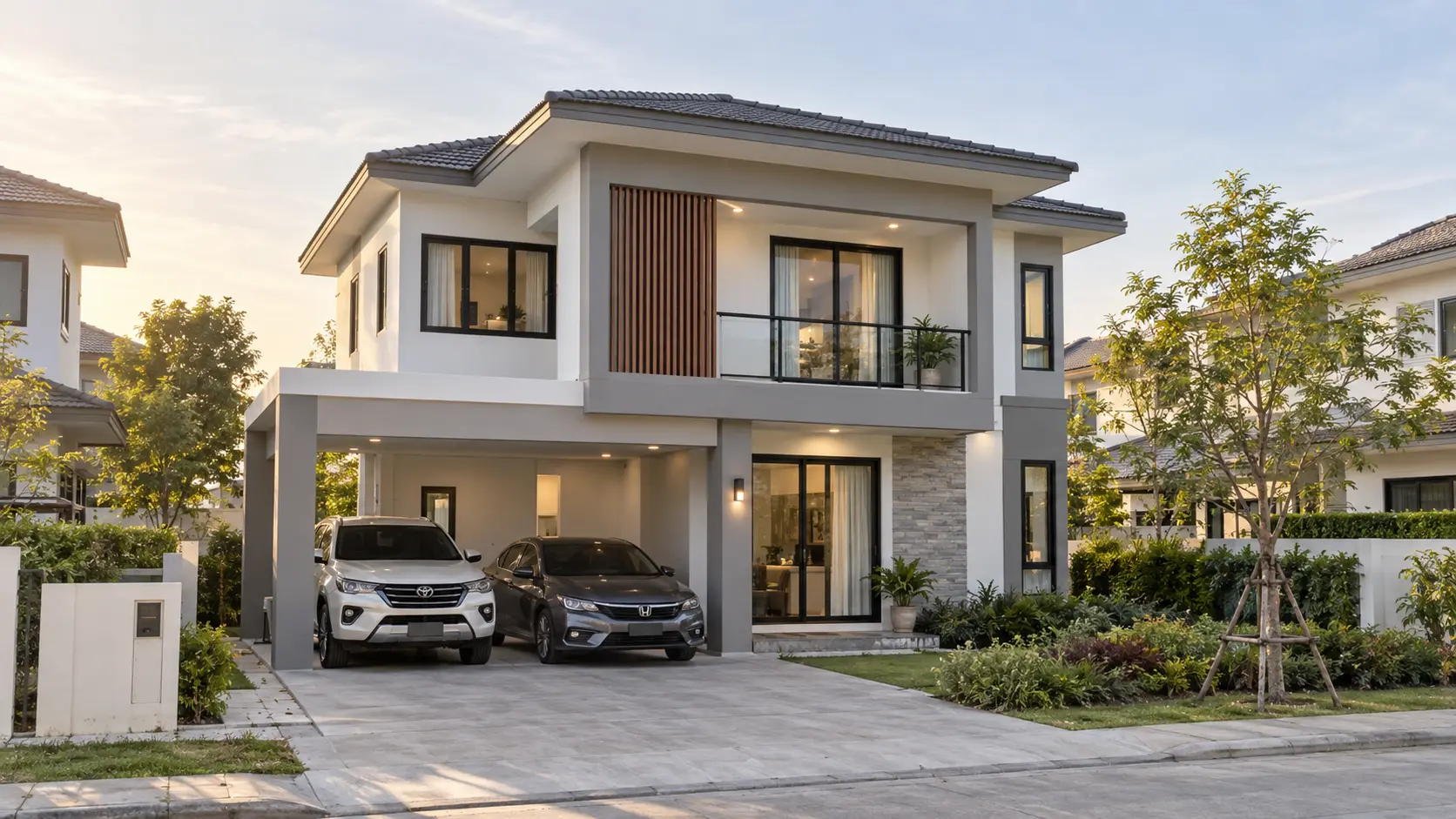 ภาพภายนอกบ้านอริญา บ้านสไตล์Contemporary Luxury พร้อมสวนและที่จอดรถ