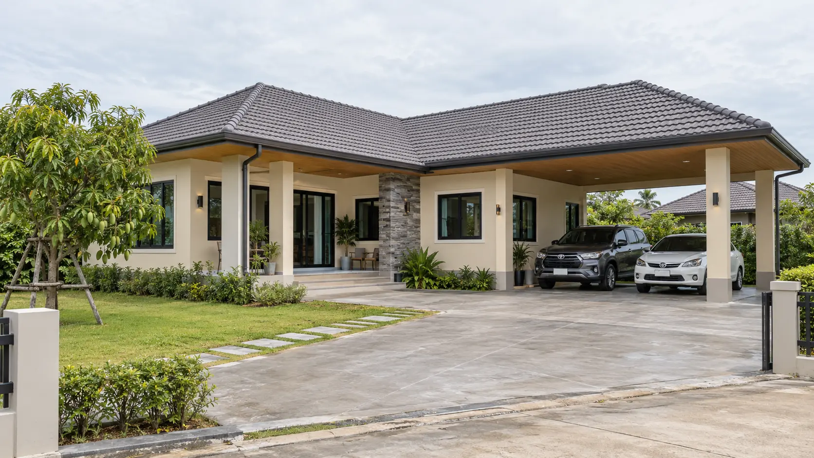 ภาพภายนอกบ้านใบโพธิ์ บ้านสไตล์Modern Tropical พร้อมสวนและที่จอดรถ