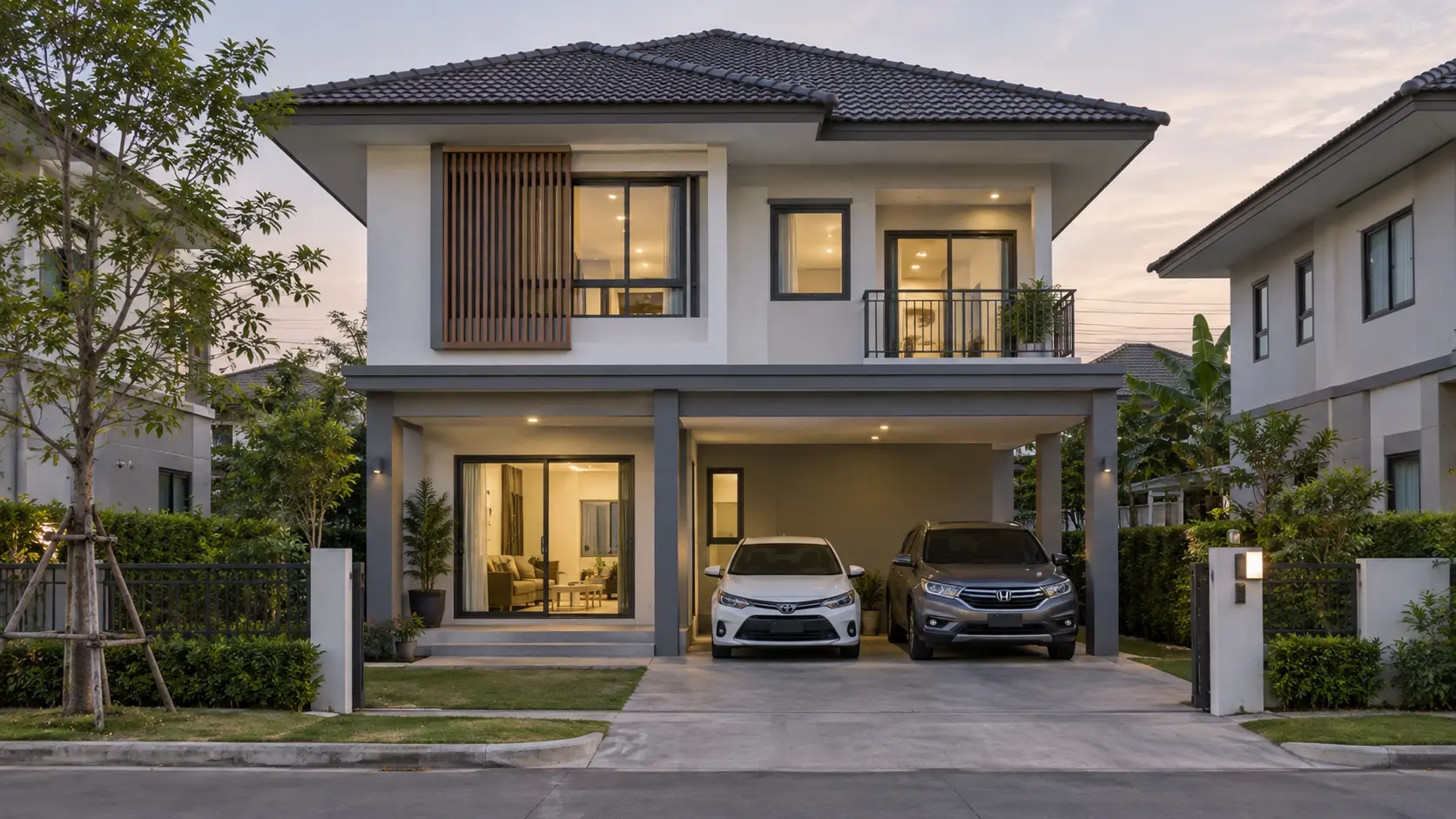 ภาพภายนอกบ้านขอบฟ้า บ้านสไตล์Modern Tropical พร้อมสวนและที่จอดรถ