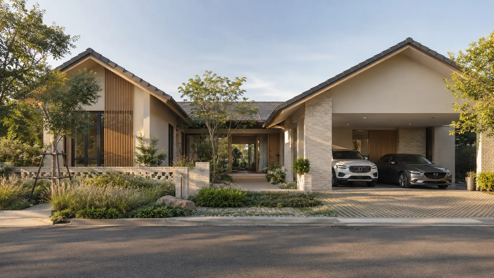 ภาพภายนอกบ้านนวลจันทร์ บ้านสไตล์Warm Minimal พร้อมสวนและที่จอดรถ