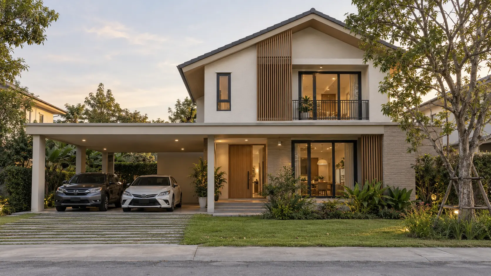 ภาพภายนอกบ้านพอดี บ้านสไตล์Warm Minimal พร้อมสวนและที่จอดรถ