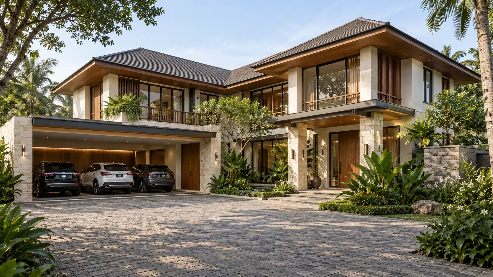 ภาพภายนอกบ้านพฤกษ์ภิรมย์ บ้านสไตล์Modern Tropical พร้อมสวนและที่จอดรถ