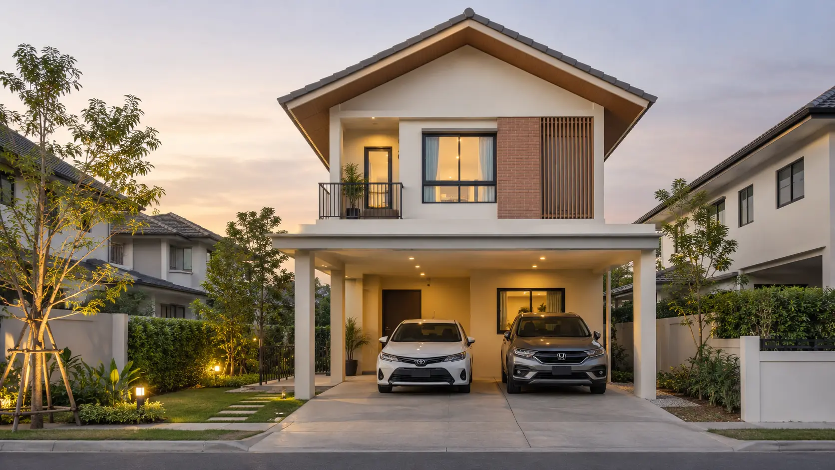 ภาพภายนอกบ้านพอดาว บ้านสไตล์Warm Minimal พร้อมสวนและที่จอดรถ