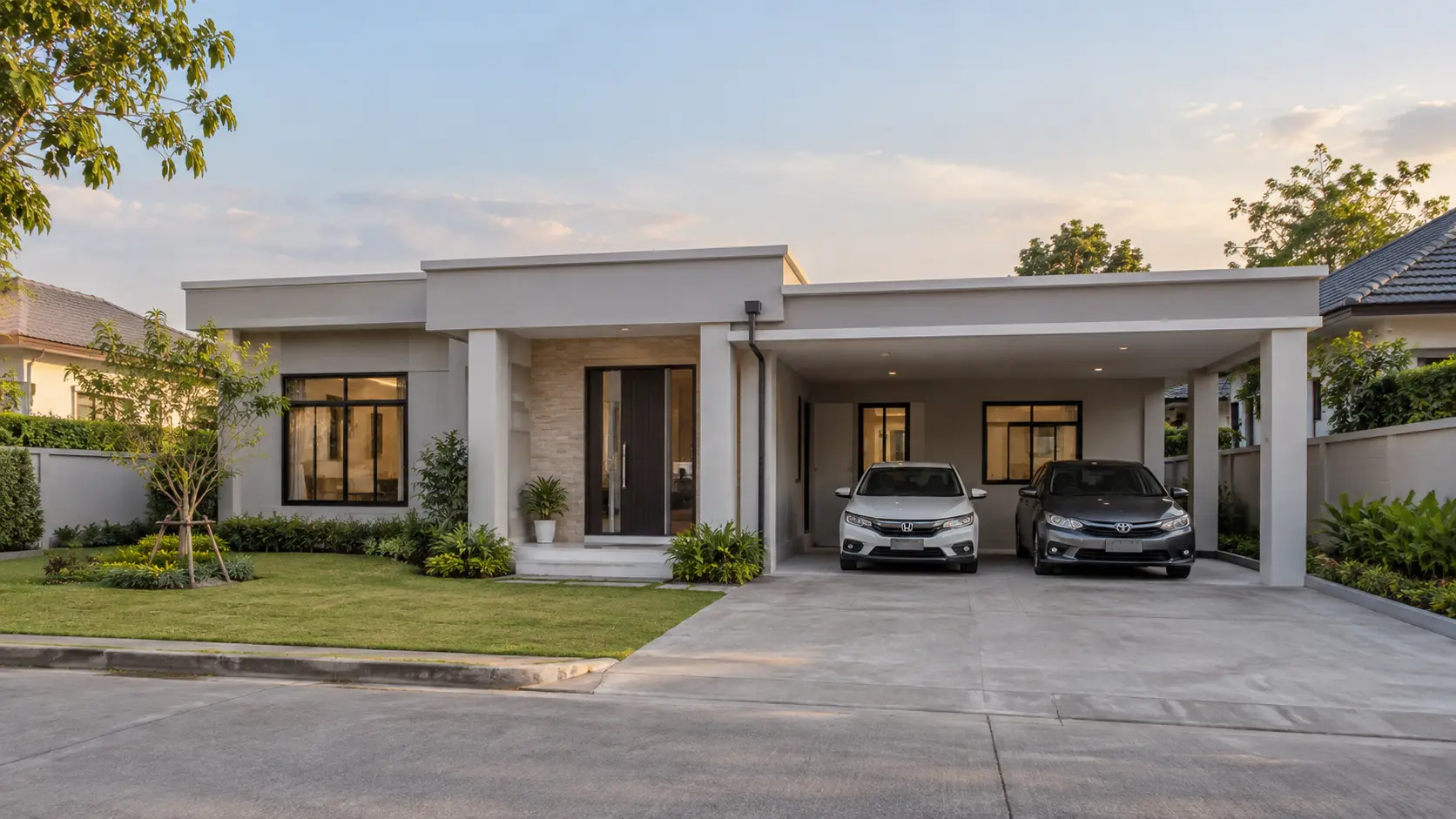 ภาพภายนอกบ้านพฤกษา บ้านสไตล์Contemporary Luxury พร้อมสวนและที่จอดรถ