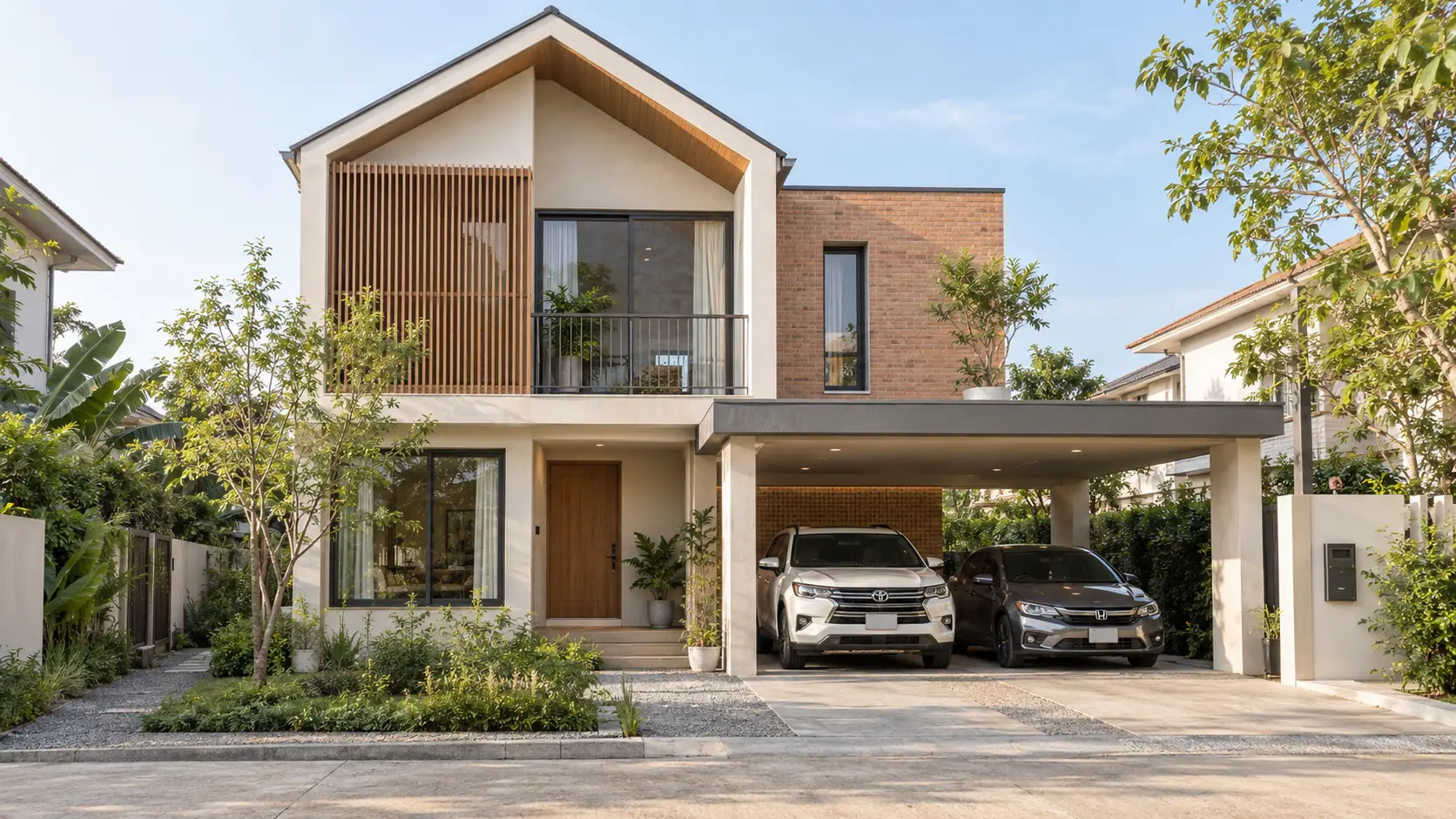 ภาพภายนอกบ้านแสงเช้า บ้านสไตล์Warm Minimal พร้อมสวนและที่จอดรถ