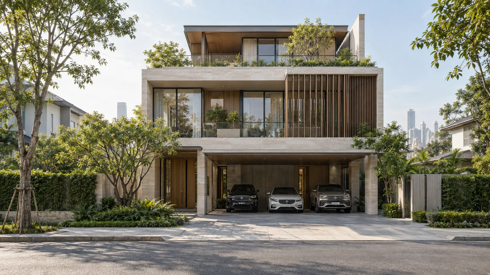 ภาพภายนอกบ้านเวหา บ้านสไตล์Contemporary Luxury พร้อมสวนและที่จอดรถ